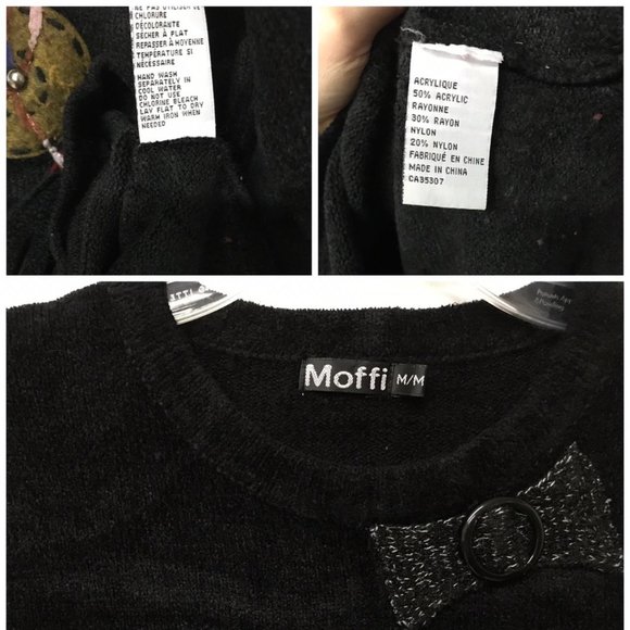 Moffi Black Chenille Sweater Embellished with Applique & Crochet Detail Vintage - Picture 3 of 6